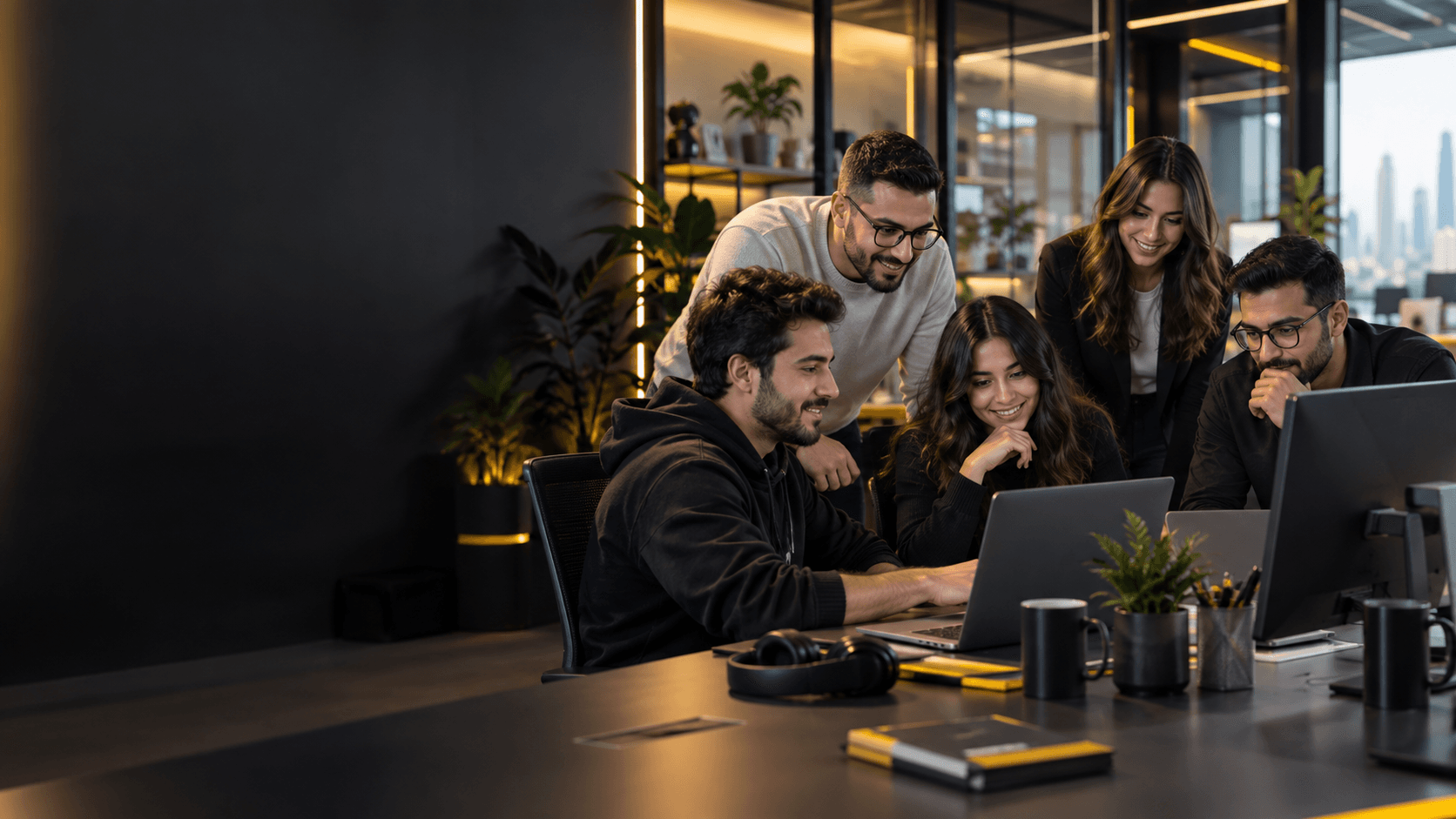 Technology professionals collaborating in a modern workplace